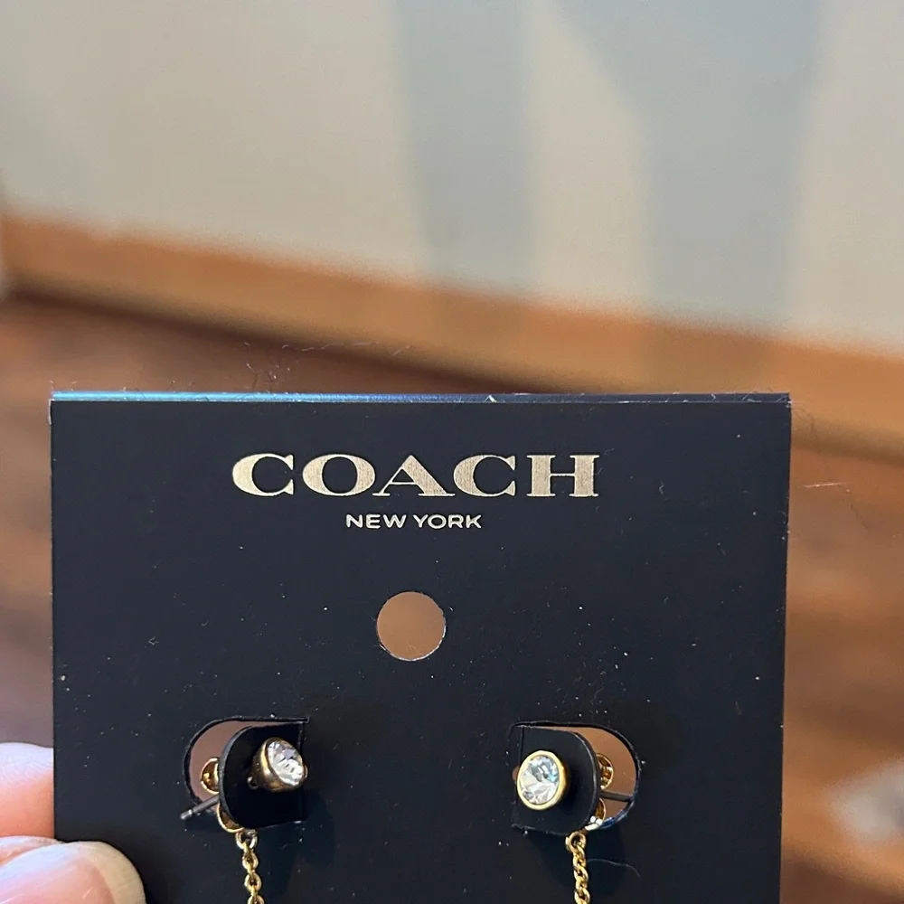 Coach Gold Chain Dangle Earrings with CZ posts and ladybug Accents - Picture 2 of 4